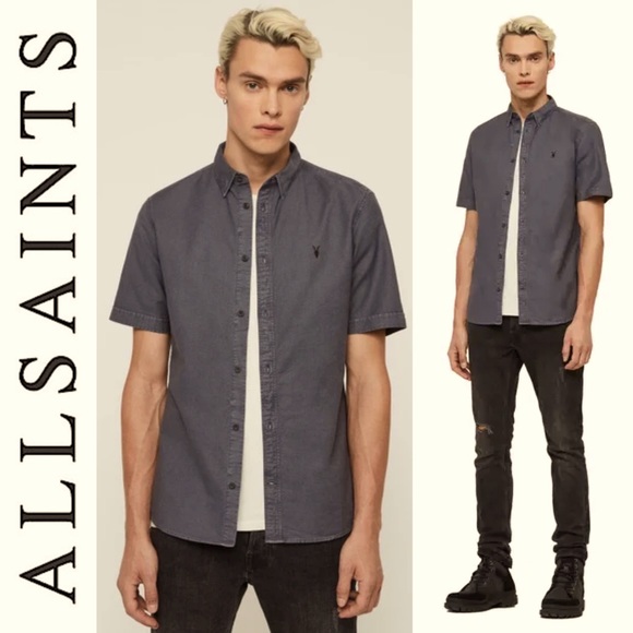 All Saints Other - ALLSAINTS HUNGTINGDON SHORT SLEEVE SHIRT SLIM FIT BUTTON FRONT GRAY L MS156J
